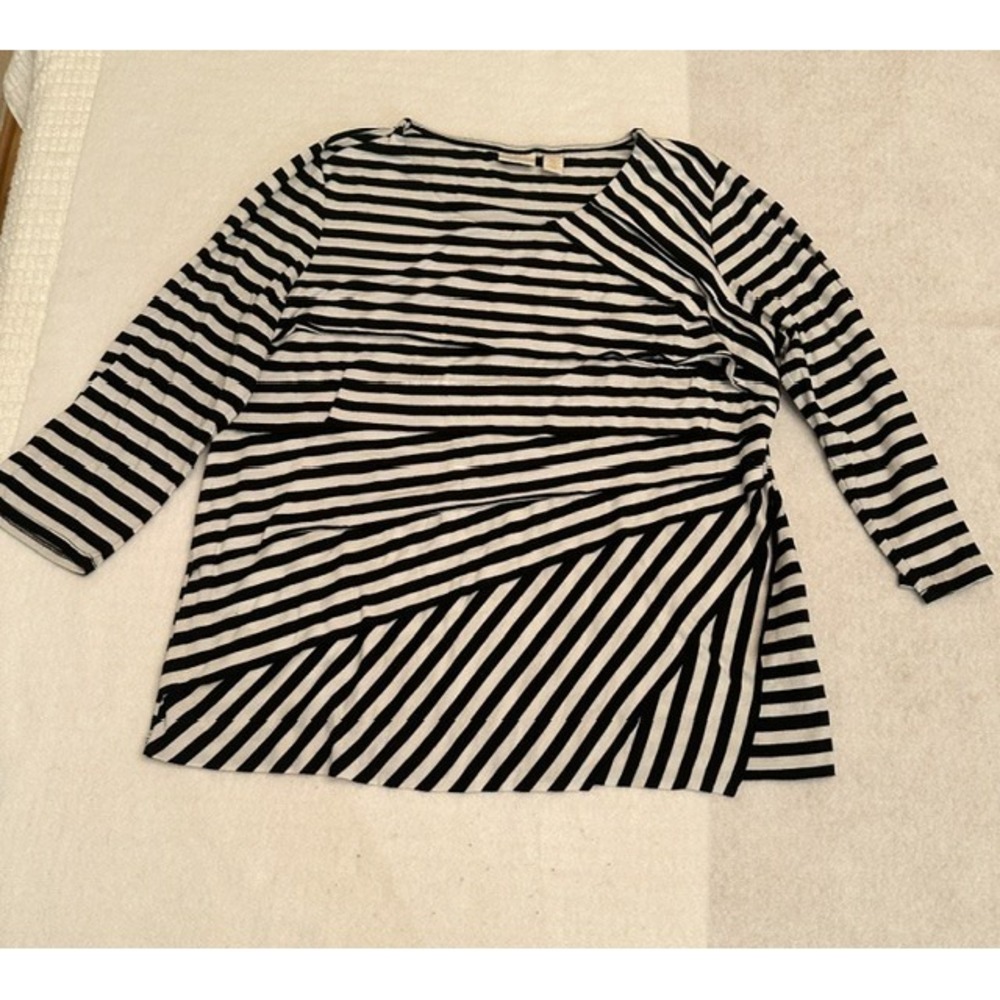Chicos Stripe Asymmetric Tiered Top Womens 2 Black White Layered 3/4 Sleeve